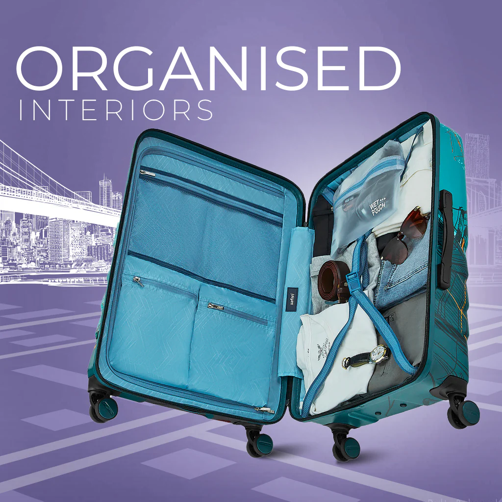 Safari Brooklyn Printed Teal Trolley Bag with TSA Lock, Dual wheels, Side Hooks and Wet Pouch - Image 3