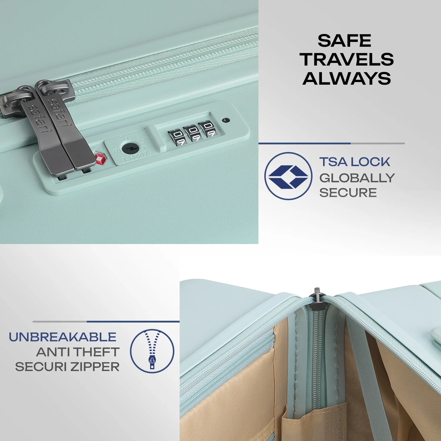 Safari Horizon Trolley Bag with Wide Trolley Handle, TSA lock and Anti-Theft Zipper Sea Foam - Image 8