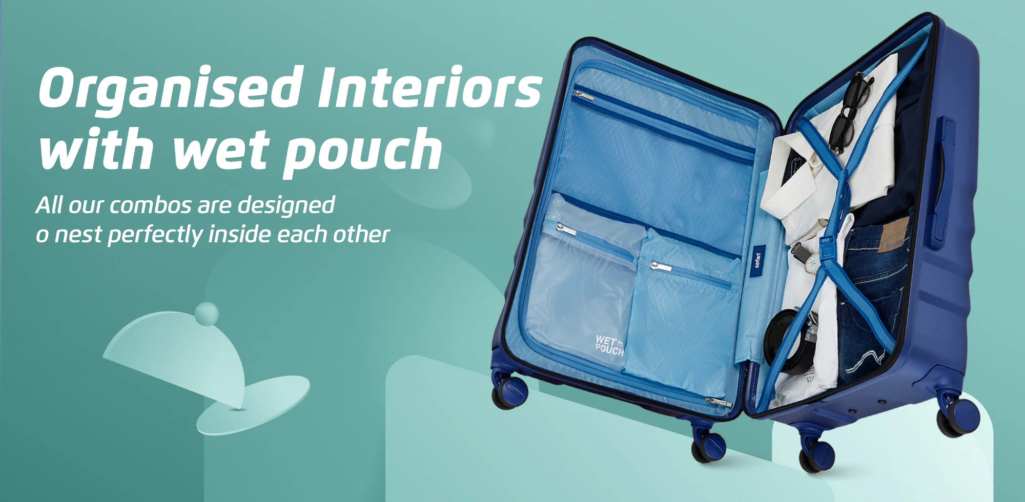 Safari Polaris Pro Titan Blue Trolley Bag Combo of Small and medium with TSA Lock, Dual wheels, Side Hooks and Wet Pouch - Image 14