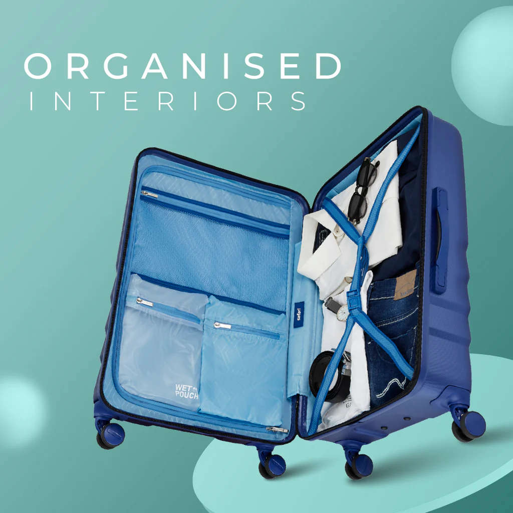 Safari Polaris Pro Titan Blue Trolley Bag Combo of Small and medium with TSA Lock, Dual wheels, Side Hooks and Wet Pouch - Image 6