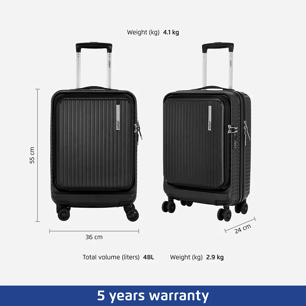 Safari Select Recoil Black Cabin Trolley Bag with Laptop Compartment, TSA Lock, Dual wheels and Anti-Theft Zipper - Image 5