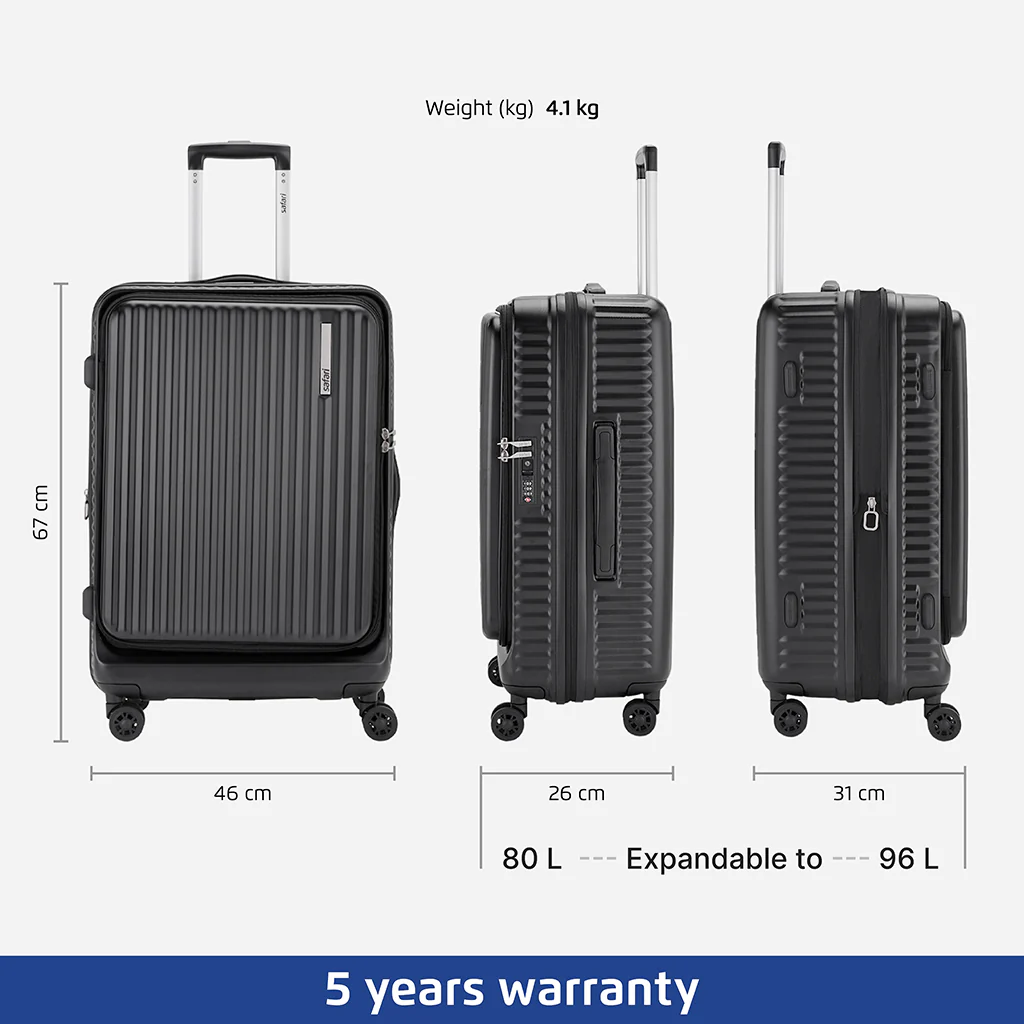 Safari Select Recoil Black Medium Front opening Trolley Bag with Expander, TSA Lock, Dual wheels and Anti-Theft Zipper - Image 4