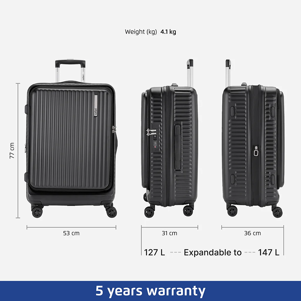 Safari Select Recoil Black Large Front opening Trolley Bag with Expander, TSA Lock, Dual wheels and Anti-Theft Zipper - Image 4