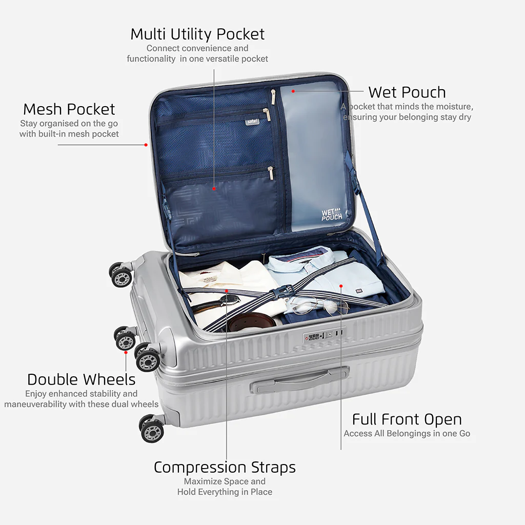 Safari Select Recoil Silver Medium Front opening Trolley Bag with Expander,, TSA Lock, Dual wheels and Anti-Theft Zipper - Image 3