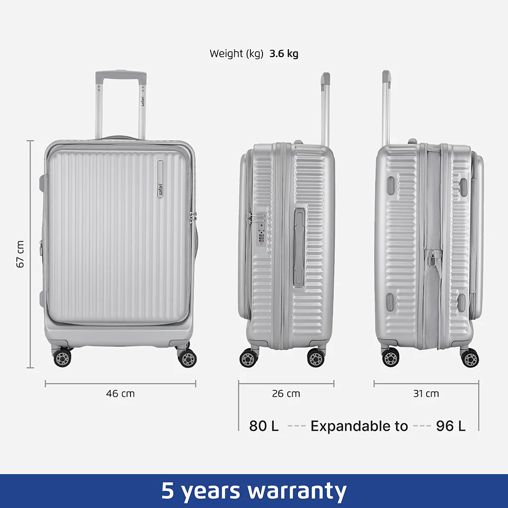 Safari Select Recoil Silver Medium Front opening Trolley Bag with Expander,, TSA Lock, Dual wheels and Anti-Theft Zipper - Image 4