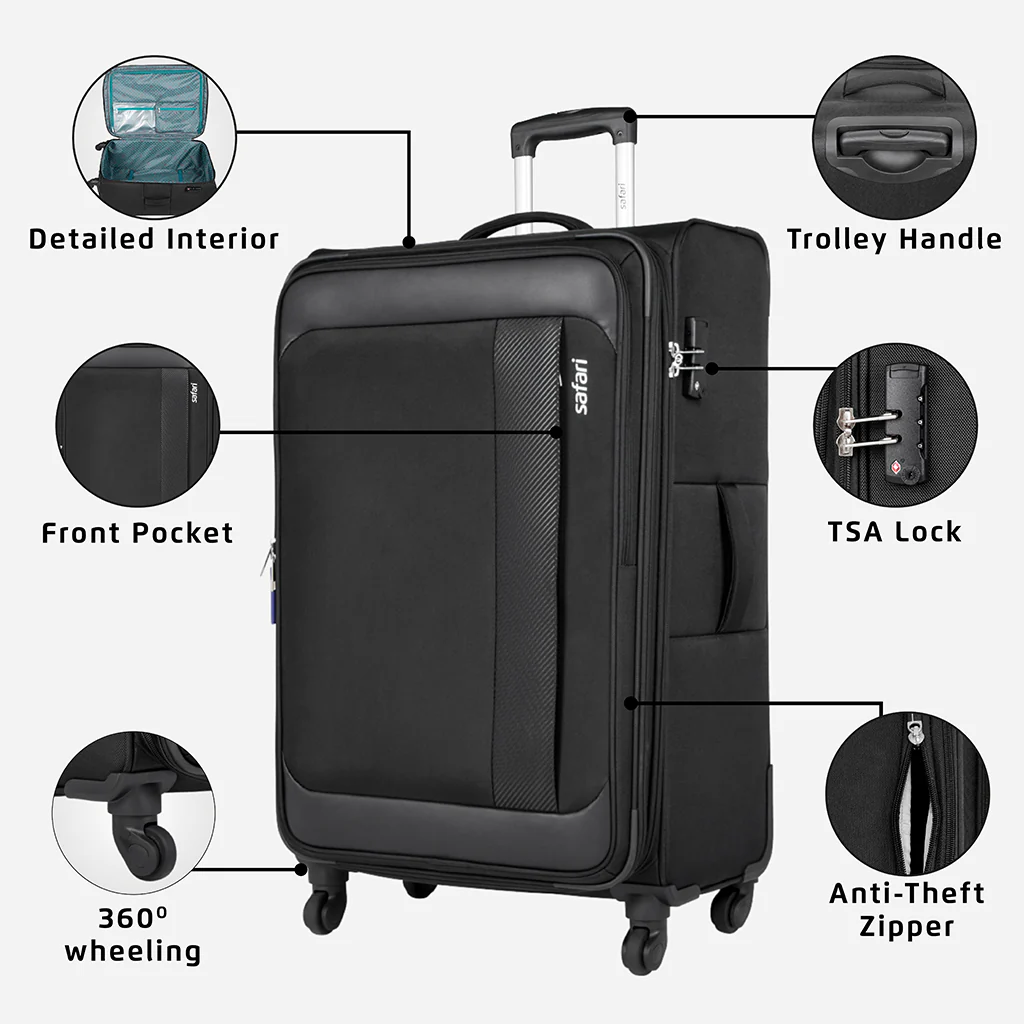 Slant Anti Theft Soft Luggage with Securi Zipper, TSA Lock and Organized Interior with Wet Pouch- Black - Image 18