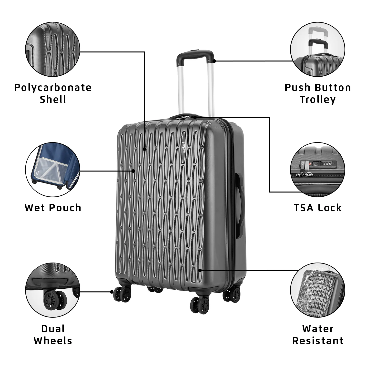 Safari Twister Gun Metal Trolley Bag with TSA Lock & Anti Theft Zipper - Image 14